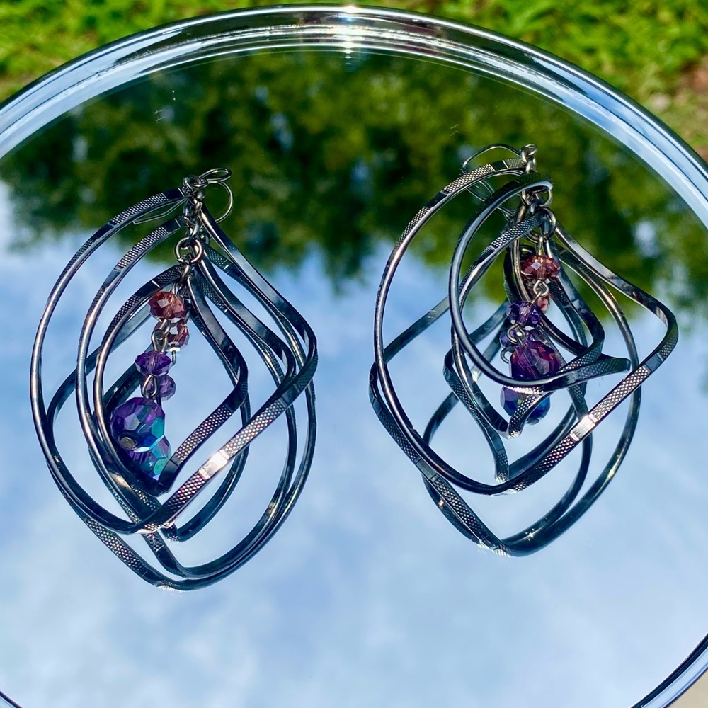 Beautiful Black spiral earrings with purple dangling beads!!